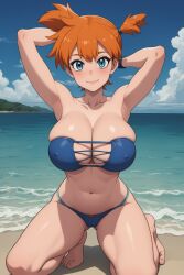 1girls ai_generated aindroidparanoid alternate_breast_size beach bikini blue_eyes blueorange_hair covered_nipples female female_only huge_breasts human kasumi_(pokemon) kneeling large_breasts ocean orange_hair pokemon solo strapless_bikini wide_hips