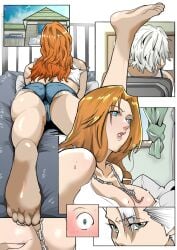 1boy 1girls age_difference ass_peek big_breasts bleach blue_eyes blush cleavage comic comic_panel feet female foot_up hot_pants lying male matsumoto_rangiku necklace on_bed orange_hair shorts size_difference tank_top thick_thighs toshiro_hitsugaya white_hair y_(artist)