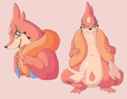 2024 2_tails anthro biped black_body blue_body blush female fin floatzel front_view fur generation_4_pokemon genitals hi_res looking_at_viewer multi_tail nintendo open_mouth open_smile orange_body orange_fur pink_background pokemon pokemon_(species) ponporio_(artist) pussy side_view simple_background smile solo tail tan_body tan_fur