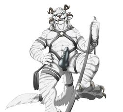 2015 abs ambiguous_gender anthro bondage charr claws dildo fangs feline flat_chested flogger fur guild_wars hand_on_hip harness kyvax leash looking_at_viewer maara male_only mammal muscular nude paws penis sex_toy simple_background solo strapon stripes tiger video_games white_fur