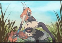 anthro big_breasts blue_eyes breasts equine feathers female fur ginger hair hooves horse long_hair looking_at_viewer ltshiroi mammal nipples nude orange_hair outside pussy smile solo spots