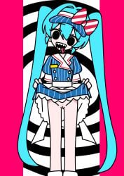 1girls accurate_art_style black_eyes blue_hair fangs hairless_pussy hatsune_miku head_tilt hypnotized hypnotized_female leg_warmers lifting_dress looking_at_viewer mesmerizer_(vocaloid) mesmerizer_miku mv_character official_style pinstripe_dress presenting_pussy pussy skirt_lift tongue_out twintails visor_cap