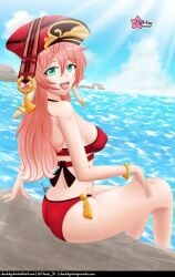 1girls bikini bikini_bottom bikini_bottom_only bikini_only bikini_top bikini_top_only breasts clouddg female female_only female_solo genshin_impact green_eyes hat looking_at_viewer ocean only_female open_mouth pink_hair red_bikini red_bikini_bottom red_bikini_top sitting_on_rock solo solo_female solo_only sunshine yanfei_(genshin_impact)