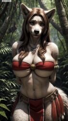 ai_generated animal_ears anthro arms_behind_back artist_name bandeau bare_shoulders blurry blurry_background body_fur breasts brown_hair female female_anthro forest furry furry_female green_eyes hi_res high_resolution highres jewelry large_breasts long_hair looking_at_viewer nature navel necklace o-ring outdoors pelvic_curtain photorealistic realistic solo stable_diffusion tail tree twitter twitter_username underboob watermark yiffyjiffy2 yiffyjiffy69