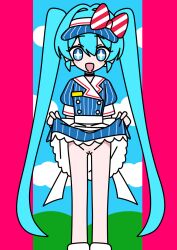 +_+ 1girls accurate_art_style blue_eyes blue_hair cute_face hairless_pussy hatsune_miku leg_warmers lifting_dress looking_at_viewer mesmerizer_(vocaloid) mv_character official_style pinstripe_dress presenting_pussy pussy shaved_pussy simple_background simple_coloring skirt_lift star_pupils twintails visor_cap