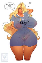 1female 1girls babie_fluff blonde_female blonde_hair blonde_hair_female blonde_pubic_hair clothed clothes clothing daphne_(babie_fluff) female original_character see-through_clothing see-through_shirt shirt sole_female speech_bubble text text_bubble visible_breasts visible_pussy watermark yellow_hair yellow_hair_female yellow_pubic_hair