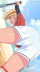 absurdres ass baseball_bat baseball_uniform blonde_hair blue_panties dark-skinned_female dark_skin day female highres kanikatsuya original outdoors panties pantylines see-through shorts solo sportswear sweat tan tomboy underwear visor_cap yellow_eyes