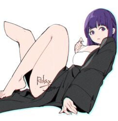 ankles bare_ass bare_butt bare_calves bare_hands bare_knees bare_legs bare_skin bare_soles bare_thighs bare_toes barefoot black_jacket black_robe breasts calves eyebrows_visible_through_hair feet female fern_(sousou_no_frieren) foot_up heels high_resolution highres hime_cut huge_breasts jacket kneepits leg_up long_hair open_clothes open_jacket open_mouth parted_lips purple_eyebrows purple_eyes purple_eyes_female purple_hair purple_hair_female relaxjon robe signature simple_background solo sousou_no_frieren thick_thighs thighs toes white_background