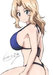 ass bikini blonde_hair blue_bikini blue_eyes blush breasts bukkuri dated female girls_und_panzer kay_(girls_und_panzer) large_breasts long_hair looking_at_viewer open_mouth shiny_skin sideboob simple_background smile solo swimsuit thong_bikini white_background