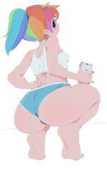 anthro ass ass_focus athletic_shorts athletic_wear behind_view booty_shorts bubble_butt crop_top equestria_girls feet low-angle_view my_little_pony phone rainbow_dash_(eg) rainbow_dash_(mlp) short_shorts shorts sports_shorts sportswear squatting taking_picture tied_hair underwear yev-san