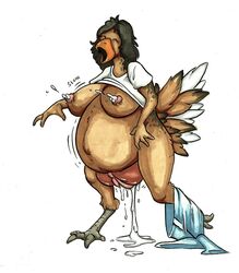 anthro avian beak big_breasts bird black_hair breasts chicken clothing feathers fenris49 furry hair hyper hyper_pussy lactation milk open_mouth pants pregnant pussy pussy_juice shirt talons