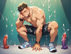 ai_generated athletic_wear bara cum_everywhere cum_in_hair dildo gym_shorts jock male male_only necklace shirtless_male sneakers spaceemperor32089 squatting watch yaoi