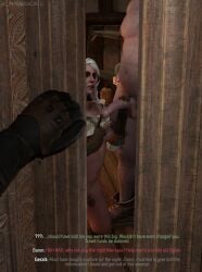 1girls 2boys 3d big_penis breasts breasts_out caught caught_in_the_act cd_projekt_red ciri cum cumshot dialogue fellatio female geralt_of_rivia kneeling male missed_call oral paizuri phillip_strenger pov the_witcher_(series) the_witcher_3:_wild_hunt ugly_bastard