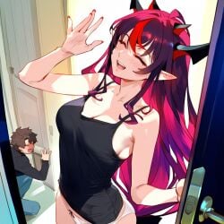 1boy 1girls ai_generated bangs bare_shoulders black_hair black_shirt blush breasts cleavage closed_eyes collarbone doorway fujimaru_ritsuka_(male) hololive hololive_english horns imminent_sex indoors irys irys_(hololive) large_breasts long_hair multicolored_hair nail_polish open_mouth panties pointy_ears red_hair shirt side-tie_panties smile tank_top underwear virtual_youtuber white_panties window