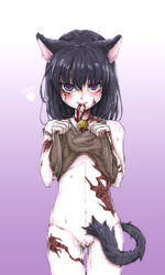 1girls absurdres animal_ears bare_shoulders bell black_eyes black_hair blush bottomless burn_scar cat_ears cat_tail clothing cowboy_shot dorei_to_no_seikatsu_~teaching_feeling~ dress dress_lift eye_contact female gradient gradient_background heart heart-shaped_pupils highres jingle_bell kemonomimi_mode long_hair looking_at_viewer mouth_hold paw_print purple_background pussy pussy_juice scar scars simple_background solo strap_slip sutegoma sweat sylvie_(dorei_to_no_seikatsu) symbol-shaped_pupils tail thigh_gap wet wide_hips