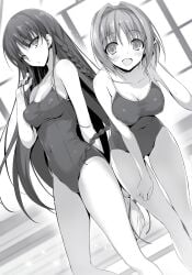bare_arms bare_legs bare_shoulders bare_thighs belly_button_visible_through_clothing bent_forward big_breasts black_and_white black_hair blush braid breasts classroom_of_the_elite cleavage collarbone hand_holding_hair horikita_suzune kushida_kikyou long_hair medium_breasts mouth_closed novel_illustration official_art one-piece_swimsuit open_mouth pool school_swimsuit short_hair smile swimsuit thighs tomose_shunsaku