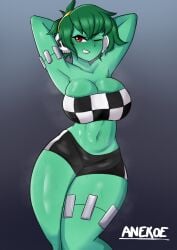 1girls anekoe98 arms_behind_back big_breasts bottomwear breasts cleavage ear_piercing earrings female female_only green_body green_hair green_skin hair half-closed_eyes hands_behind_head hips huge_breasts red_eyes rottytops shantae smile solo solo_female swimwear thighs topwear zombie zombie_girl