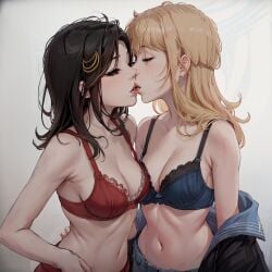 2girls ai_generated carly_shay closed_eyes dark_bra female female_only human icarly jennette_mccurdy kissing miranda_cosgrove multiple_girls real_person red_bra romantic sam_puckett stable_diffusion