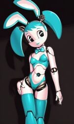 ai_generated black_eyes blue_blush blue_bowtie blue_bunny_ears blue_bunnysuit blue_lips blue_lipstick blue_thighhighs blush bunny_girl bunnysuit collar fully_clothed hand_on_hip jenny_wakeman looking_at_viewer my_life_as_a_teenage_robot pixai playboy_bunny robot_girl robot_humanoid simple_background skinny slim slim_waist smaller_male smile xj-9 xj9