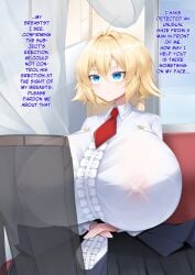 1boy 1girls allday_sakawa blazblue breasts_bigger_than_head english_text erect_nipples es_(xblaze) huge_breasts red_necktie straight text train translated