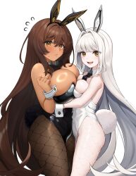 2girls blanc_(nikke) blush breast_press breasts_squeezed_together brown_hair bunny_ears bunnysuit cleavage dark-skinned_female dark_skin female_only fishnets goddess_of_victory:_nikke light-skinned_female light_skin long_hair noir_(nikke) open_mouth sideboob sisters white_background white_hair yellow_eyes