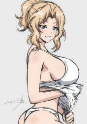 1girls ass bare_shoulders blonde_hair blue_eyes breasts bukkuri clothes_lift dated female forehead from_side girls_und_panzer grin hair_intakes kay_(girls_und_panzer) large_breasts long_hair looking_at_viewer panties shirt_lift sideboob simple_background sketch smile solo tank_top thong underwear upper_body wavy_hair white_panties