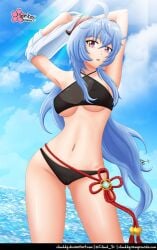 1girls bikini bikini_bottom bikini_bottom_only bikini_only bikini_top bikini_top_only black_bikini black_bikini_bottom black_bikini_only black_bikini_top blue_hair breasts clouddg female female_only female_solo ganyu_(genshin_impact) genshin_impact looking_at_viewer ocean only_female open_mouth shirt solo solo_female solo_only sunshine white_shirt