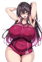 1girl ai_generated azki_(hololive) big_breasts breasts chubby chubby_female deepjungle female female_focus hairy_armpits hololive hololive_japan huge_breasts lactating lactation lactation_through_clothes large_breasts looking_at_viewer plump purple_eyes purple_hair thick_thighs thighs