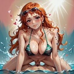 abstract_background ai_generated bikini_top breasts_focus cleavage erect_nipples female large_breasts looking_at_viewer love male nami nami_(one_piece) one_piece payop pony_diffusion_xl pool post-timeskip pov smile splashes vaginal_penetration vaginal_sex water