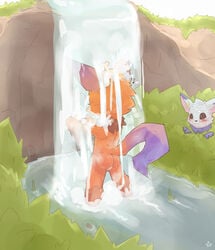 anthro ass backsack being_watched blush duo furry gnar hybridstaar league_of_legends male mammal musical_note nude outdoors partially_submerged rear_view riot_games solo_focus standing surprised testicles tusks waterfall yordle