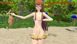 atlus beach breasts casual eyewear female hand_on_breast human nipples nudist ofugh pale_skin persona persona_5 public sakura_futaba swimsuit swimwear top_removed topless xnalara