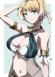 1girls absurdres alternate_breast_size alternate_costume armlet bare_shoulders bikini blonde_hair blue_bikini blue_eyes blue_swimsuit breasts cleavage earrings female female female_only fire_emblem fire_emblem_heroes fjorm_(fire_emblem) fjorm_(summer)_(fire_emblem) flower hair_flower hair_ornament highres jewelry large_breasts looking_at_viewer navel nintendo official_alternate_costume short_hair solo swimsuit to_(tototo_tk) upper_body