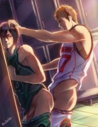 2boys against_wall akubaka anal ass erection kuroko_no_basuke locker_room makoto_hanamiya multiple_boys muscle penis sex size_difference teppei_kiyoshi testicles thrusting wince yaoi