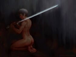 1girls ass athletic_female barefoot berserk big_ass black_hair breasts casca dark-skinned_female dark_skin feet female female_only human kneeling muscular nude short_hair sword theo_(artist) tomboy