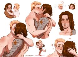 2boys blonde_hair brown_hair bucky_barnes captain_america gay hugging kissing male male_only marvel marvel_comics muscular muscular_male steve_rogers underwear winter_soldier