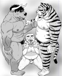 3boys abs anthro anthro_penetrating anthro_penetrating_human bald balls banjyaku big_dom_small_sub big_muscles big_pecs blush bodily_fluids body_hair bovid bovine cattle censor_bar censored dominant double_barrel_blowjob double_oral erection felid fur gay genitals group group_sex handjob horn human human_on_anthro human_penetrated interspecies kneeling kneeling_oral_position larger_anthro larger_male leg_hair male male/male male_penetrated male_penetrating male_penetrating_male mammal monochrome musclegut muscular muscular_anthro muscular_male navel nipple_fetish nipple_pinch nipple_play nude open_mouth oral pantherine pecs penetration penile penis pinch pubes sex size_difference smaller_human smaller_male smaller_penetrated striped_body striped_fur stripes sweat threesome tiger trio two_doms_one_sub yaoi