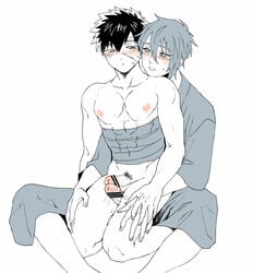 2boys black_hair cum doudanuki_masakuni erection frottage male_only mikazuki_munechika monochrome multiple_boys muscle penis scar touken_ranbu undressing yaoi