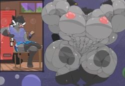 2017 3_toes 5_fingers abs anthro areola barely_visible_genitalia barely_visible_pussy beverage beverage_can big_breasts big_muscles biped black_hair black_tail blue_bottomwear blue_clothing blue_shorts body_size_growth bottomwear bracelet breast_growth breasts bubble chair claws clothing commoddity crossed_legs dewott digital_drawing_(artwork) digital_media_(artwork) erect_nipples eyebrows feet female finger_claws fingers floating furniture ganger gender_transformation generation_5_pokemon genitals gloves_(marking) green_eyes grey_body growth hair hair_growth hi_res holding_beverage holding_object holding_planet huge_breasts huge_muscles huge_thighs hyper hyper_breasts hyper_muscles hyper_thighs inside intergalactic_macro jewelry leg_markings macro male markings motion_lines mtf_transformation muscle_growth muscular muscular_anthro muscular_female nintendo nipples pink_areola pink_nipples pink_nose planet planet_destruction pokemon pokemon_(species) purple_clothing purple_shirt purple_topwear pussy raised_eyebrow shirt shorts sitting size_transformation smile socks_(marking) solo space sparkles table tail thick_thighs toes topwear transformation vending_machine whiskers white_claws window