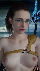 3d artist_request blue_eyes breasts brown_hair death_stranding glasses mama_(death_stranding) margaret_qualley topless topless_female