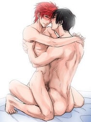 2boys abs black_hair blush gekkan_shoujo_nozaki-kun male_only mikoto_mikoshiba multiple_boys muscle nude red_hair sex short_hair straddling yaoi