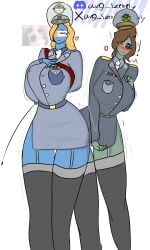 2girls argentina_(countryhumans) avg_szekely brazil_(countryhumans) countryhumans countryhumans_girl embarrassed military_uniform miniskirt multiple_girls national_personification nipples_visible_through_clothing tagme thick thighhighs twitter_username voluptuous