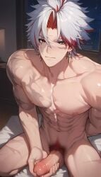 ai_generated big_penis bishonen bl cum gay male_only masturbating masturbation precum scar scar_(wuthering_waves) scars_all_over wuthering_waves yaoi