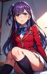 1girls advanced_nurturing_high_school_uniform ai_generated blue_bow blush_lines classroom_of_the_elite disgusted_look female fournaise hair_pin kamuro_masumi long_hair purple_eyes purple_hair red_blazer school_uniform white_skirt