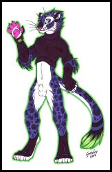 2017 animal_genitalia anthro balls belly bottomless casual_exposure claws clothed clothing crop_top felid femboy fully_sheathed gard3r garder_(gard3r) genitals gesture gloves handwear jaguar looking_at_viewer male mammal marker_(artwork) navel pantherine pawpads paws sheath shirt simple_background slim small_waist smile smiling_at_viewer solo standing tail topwear traditional_media_(artwork) waving waving_at_viewer whiskers