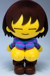 ai_generated bangs bob_cut boots breasts brown_boots brown_hair closed_eyes clothed frisk frisk_(undertale) inanimate inanimate_object looking_at_viewer marketable_plushie no_pants pantsless pixai plush plushie shirt short shoulder_length_hair simple_background small smile standing striped_shirt stuffed_toy thick_legs thick_thighs toy undertale undertale_(series) weird yellow_skin