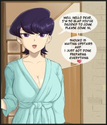 age_difference bathrobe being_watched black_hair cheating cheating_girlfriend cheating_wife consensual_cuckold cuckold komi-san_wa_komyushou_desu komi_shuuko looking_at_viewer luichi88 milf netorare not_porn purple_eyes safe safe_for_work sfw short_hair text