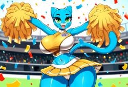 ai_generated cameltoe cat_ears cat_humanoid catgirl cheerleader cheerleader_uniform curvaceous female furry large_breasts mature_female milf mullon nicole_watterson novelai panties pom_poms public stadium stadium_background the_amazing_world_of_gumball thick_thighs