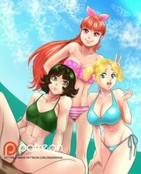 aged_up araorenda beach bikini blossom_(powerpuff_girls) bubbles_(powerpuff_girls) buttercup_(powerpuff_girls) cartoon_network female multiple_females powerpuff_girls toonami