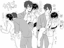 2boys against_wall anal black_hair blush doudanuki_masakuni male_only mikazuki_munechika monochrome multiple_boys pov scar sex steam sweat touken_ranbu yaoi