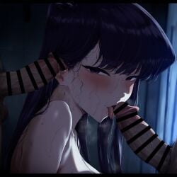 1girls 2boys ai_generated blushing fellatio gangbang komi-san_wa_komyushou_desu komi_shouko licking_penis looking_at_viewer nyakki sweat sweatdrop